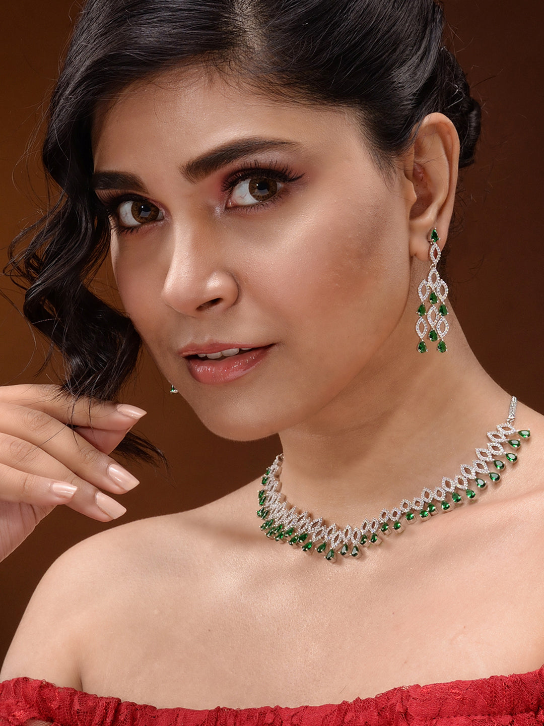 Silver Plated Green AD studded Chandelier Necklace Jewellery Set, zaveri pearls, sale price rs, sale price, sale gold plated, sale gold, sale, rubans, ring, regular price, priyassi jewellery,